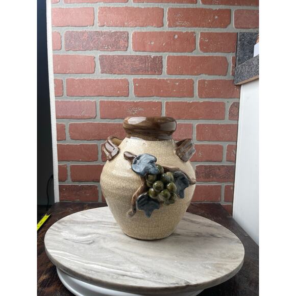 Vintage Crackle Glaze Grape Cluster Pottery Vase Jug Rustic Farmhouse 9.5" - Picture 6 of 8